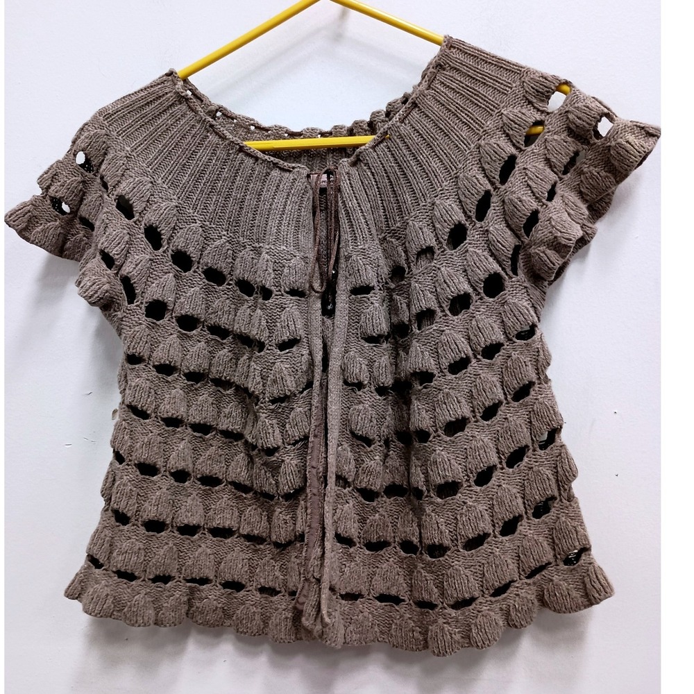 Intuitions Cardigan Vintage Y2K BOHO Womens Large Brown Crochet Short Sleeve